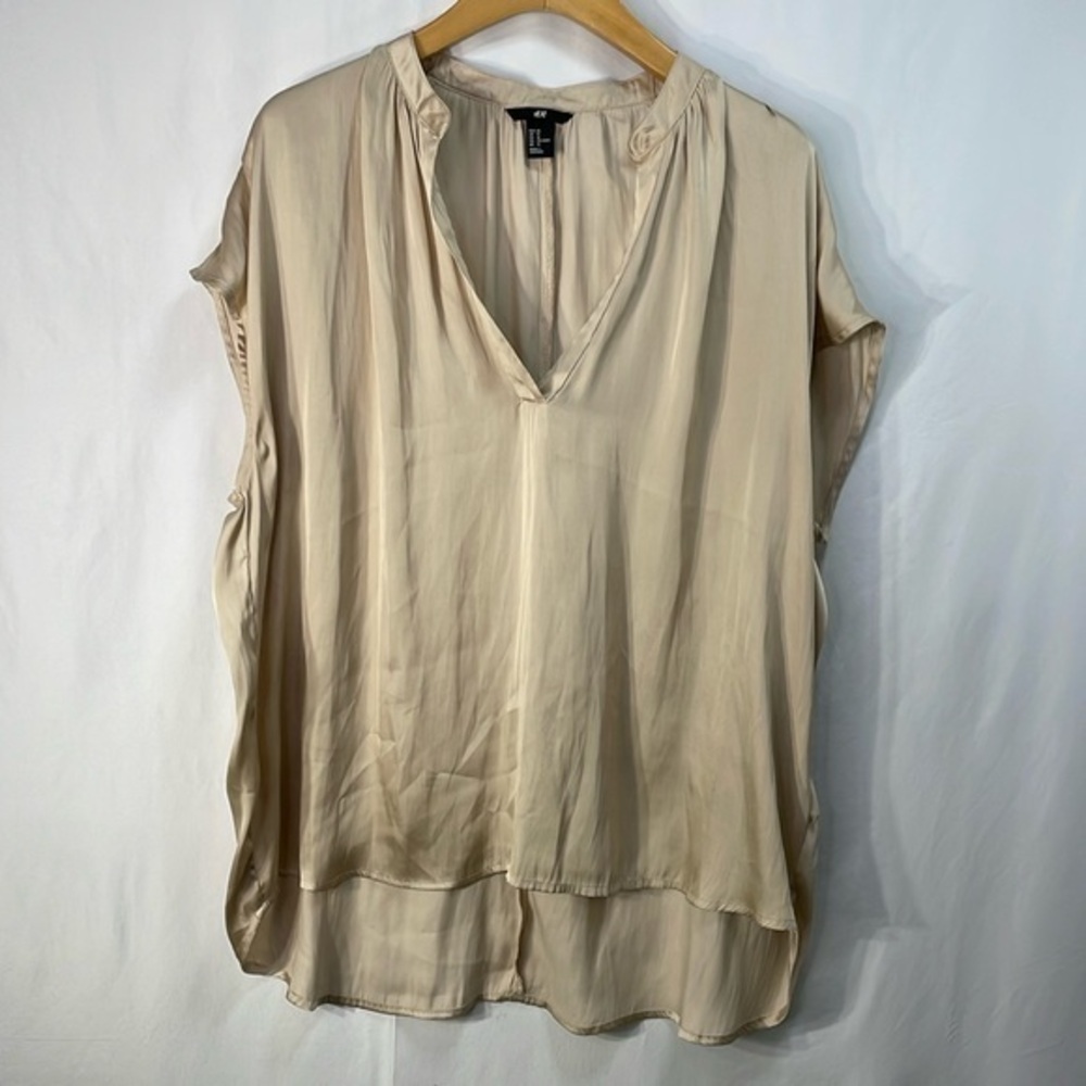 H&M tan V-neck cap sleeve mandarin collar poly blouse.